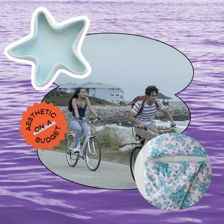 Collage of The Summer I Turned Pretty themed decor. Photo of still of 2 characters from the show riding their bikes along the coast, photo of a starfish jewelry dish, photo of toile bedding, background of the ocean