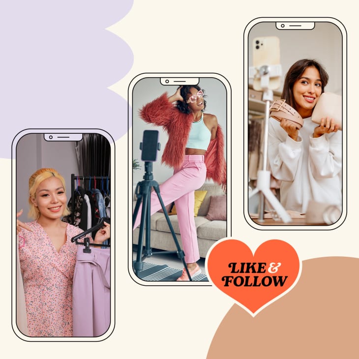 3 photos of influencers getting ready (grwm). First is holding up clothes on hangers, 2nd is already dressed, posing in front of phone camera, 3rd is holding up a matching bag and belt in front of her phone camera