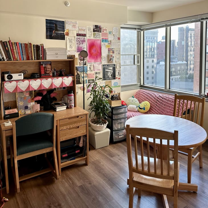 desk/workspace and dining table in white dorm room