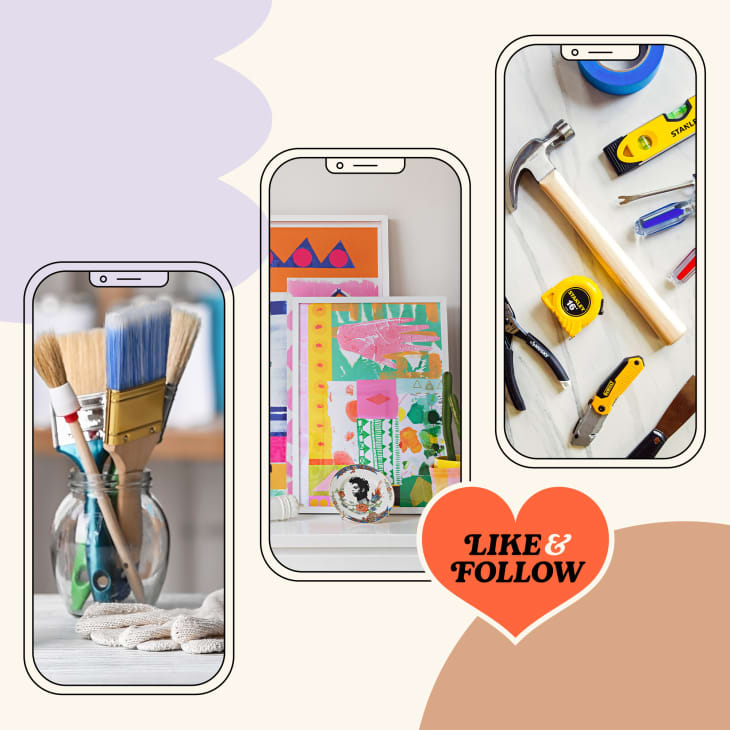 3 images on a colored background. 1. Paintbrushes in a jar, gloves lying next to it. 2. stack of artwork and a painted pot with a plant on a shelf. 3. tools: hammer, painter's tape, measuring tape, utility knife, pliers, etc