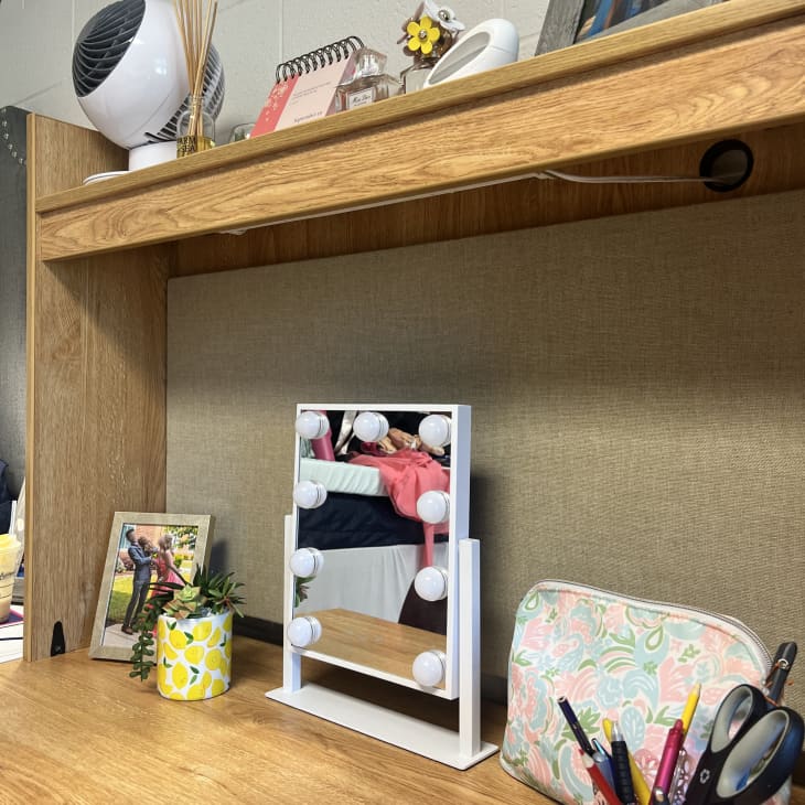bubble light small mirror on dorm desk with upper shelf built in