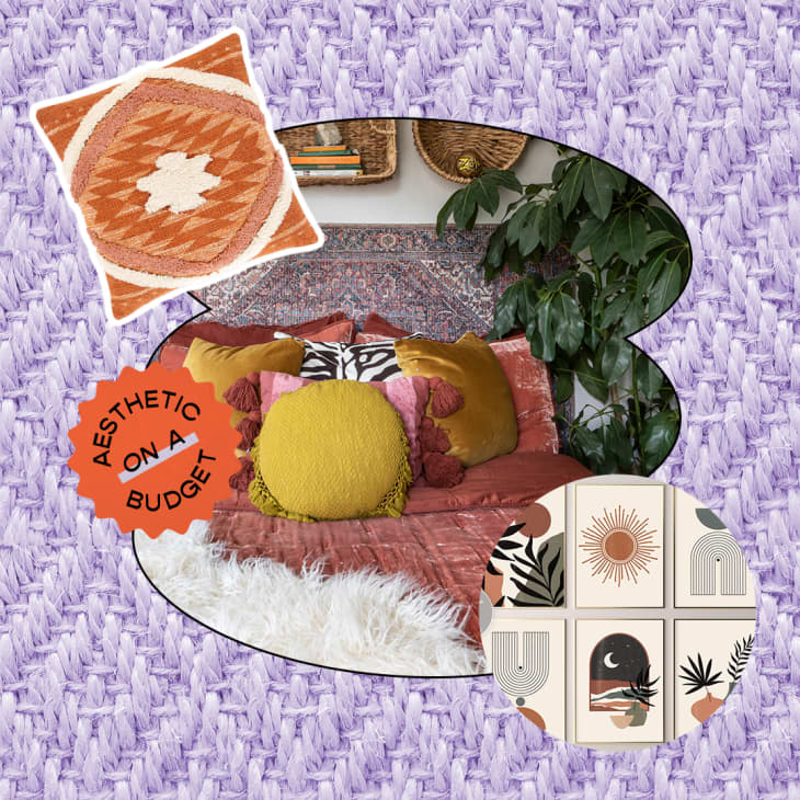 Aesthetic on a budget collage: textured patterned orange and cream pillow, bed with velvet, faux fur, paisley, warm colors with baskets on wall above, large tree. Circle with boho wall gallery prints