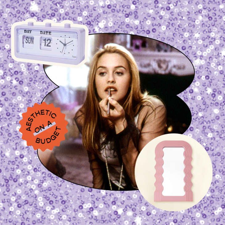 Graphic with still from Clueless with Cher (Alicia Silverstone) putting on lipliner in a mirror, surrounded by images of a pink wavy mirror, lavender retro alarm clock, lavender sequins. Sticker reads "Aesthetic on a budget"