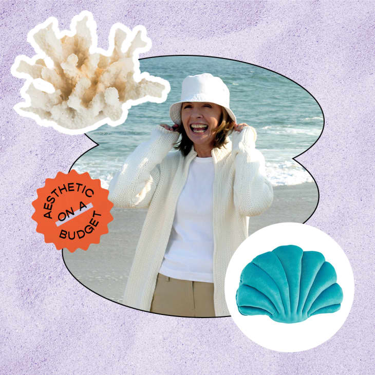 collage with photo of diane keaton in something's gotta give at the beach holding onto her hat, faux coral in the upper left, shell velvet throw pillow in the lower right. Background is sand textured. Sticker reads "Aesthetic on a Budget" Theme is Coastal Grandma