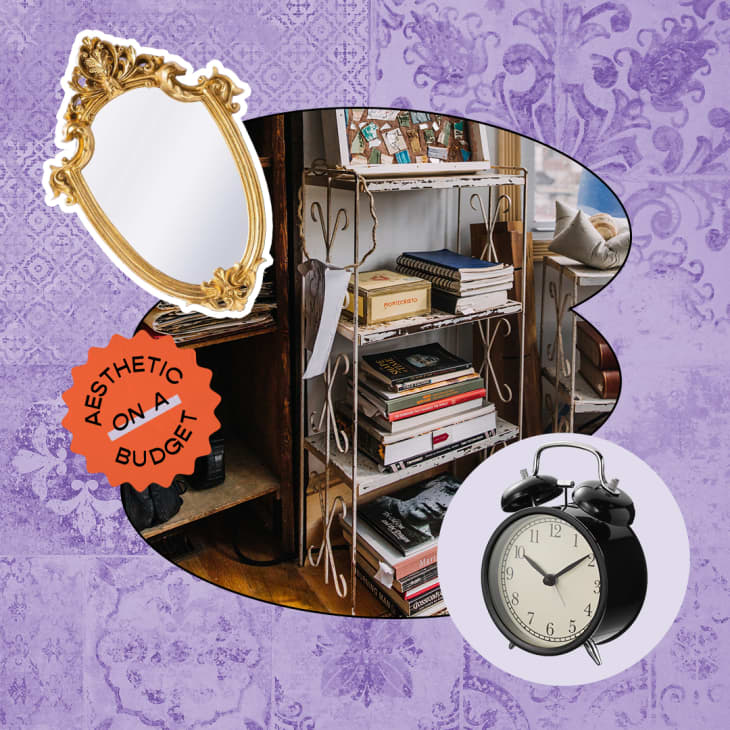 Collage of photos for Aesthetic with a Budget on how to get the dark academia style: gold vintage bookshelf with books, vintage accents, gold ornate mirror, black vintage-look alarm clock.