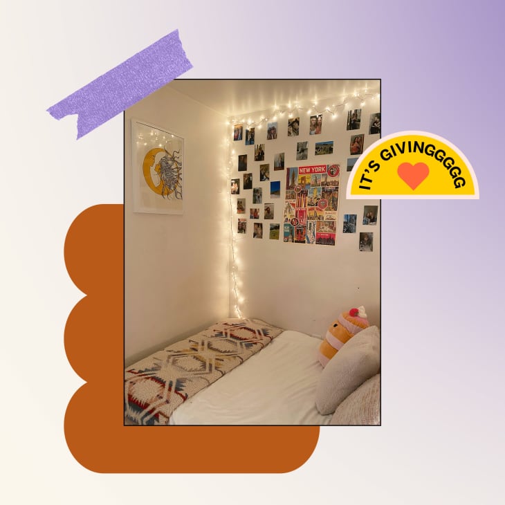 Colorful background and sticker saying "IT'S GIVINGGGG". Photo of dorm room with collage of personal photos on wall, string lights, made bed
