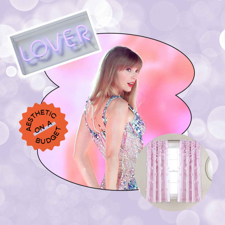 "Aesthetic on a Budget" for Swiftie decor. Collage of photos, one of a "Lover" neon sign, photo of Taylor Swift on her Eras tour, Photo of lilac curtains