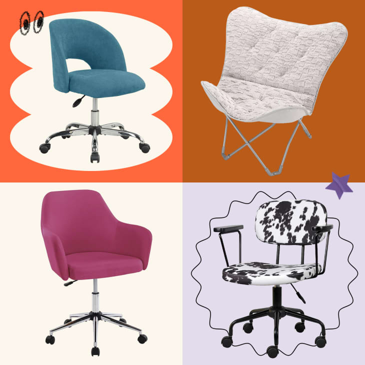 4 desk chairs on graphic colored background