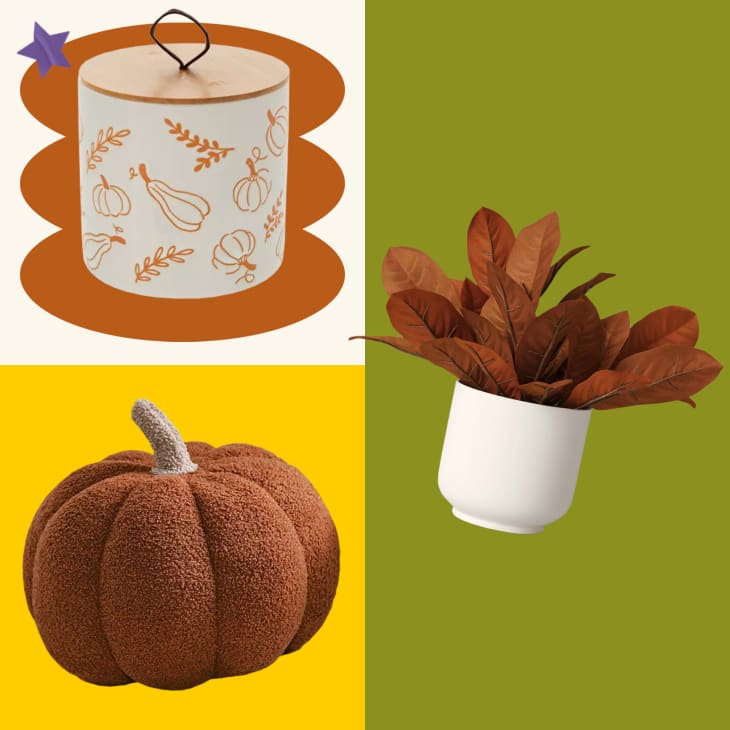 3 autumn decor products on a colored background
