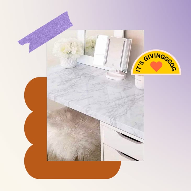 Glossy Marble Paper Granite Grey/White Roll on vanity - product photo on colored background