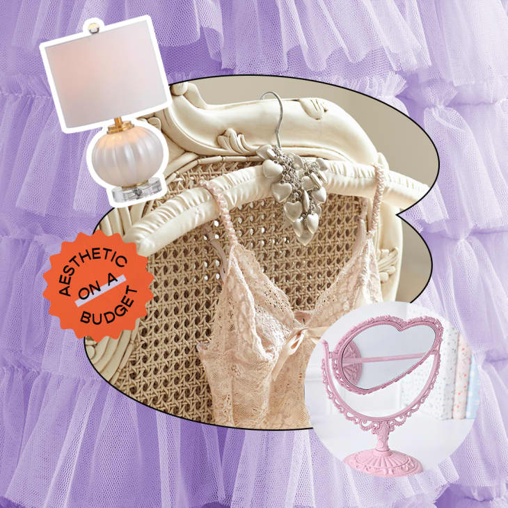 collage of coquette style things: lamp, lingerie on ruffled hanger, heart mirror