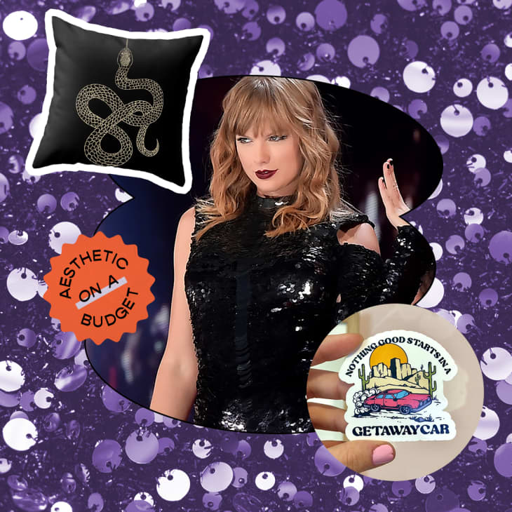 collage with a photo of Taylor Swift on her reputation tour, and 2 products that are reputation-themed decor