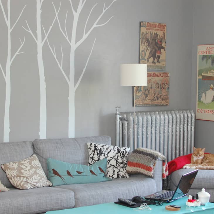 Gray living room with tree wall art, vintage posters, gray sofa, colorful pillows, turquoise coffee table, and a cat on a red cushion.