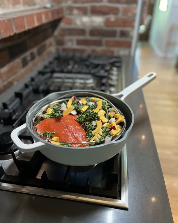 Salmon cooked in an All-in-One 4 QT Hero Pan with Steam Insert by Drew Barrymore