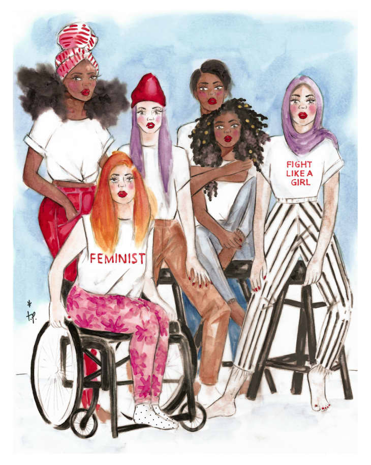 Diverse group of women in empowering outfits, one in a wheelchair, with shirts reading "Feminist" and "Fight Like a Girl."