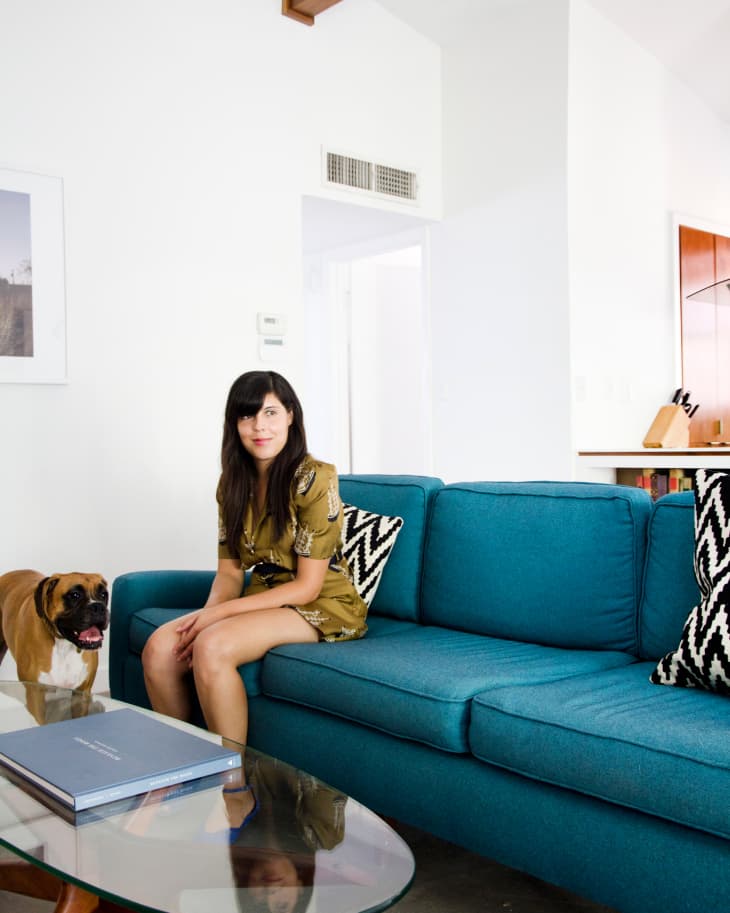 Woman sitting on a teal sofa with a dog nearby, glass coffee table, and zigzag pillows in a modern living room.