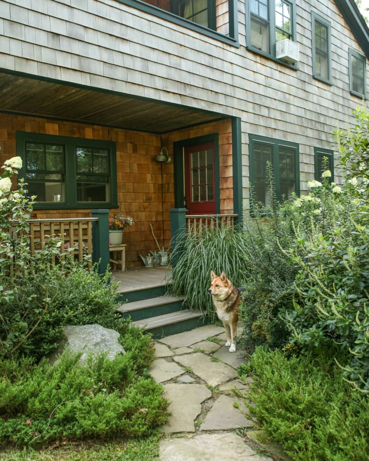 Two-story house with shingle siding, red door, lush garden, and a dog on a stone path.