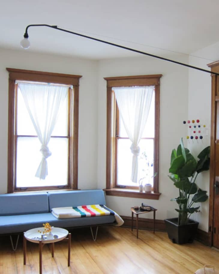 Living room with blue sofa, colorful throw, round table, large plant, and wall-mounted lamp.