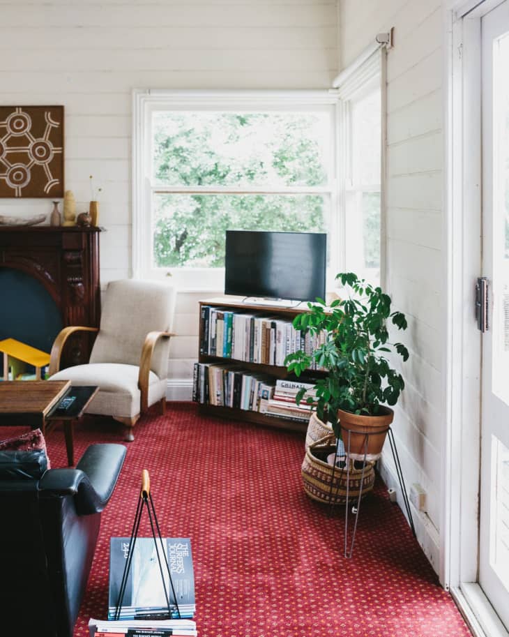Living room with red carpet, armchair, bookshelf, potted plant, and a small TV by a large window.