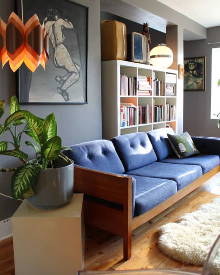 Mid-century modern living room with blue sofa, abstract art, bookshelves, and a large potted plant.