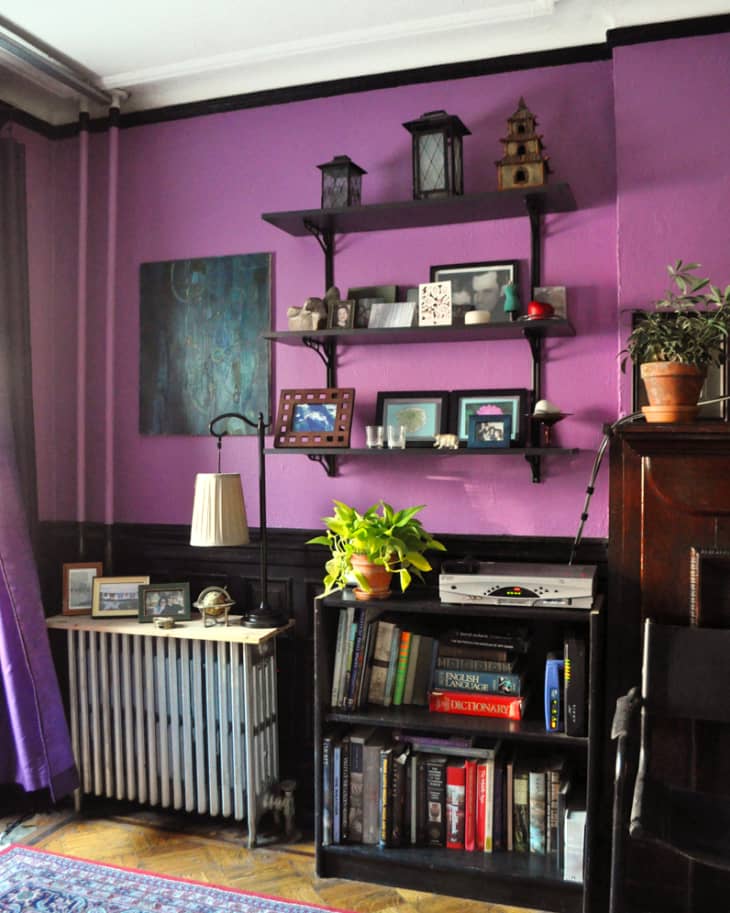Purple living room with black shelves, books, framed photos, a potted plant, and decorative lanterns.
