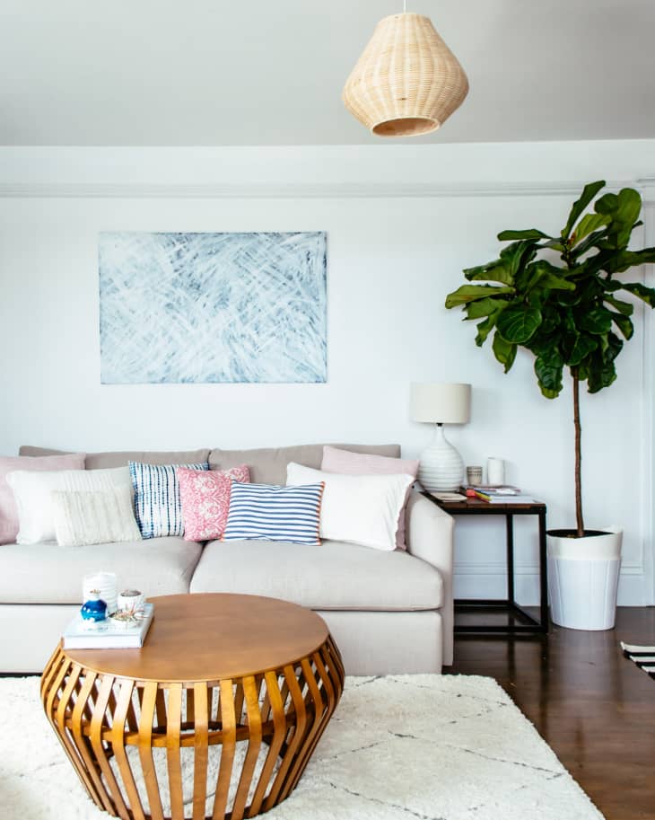 Living room with beige sofa, colorful pillows, wooden coffee table, large plant, and abstract wall art.