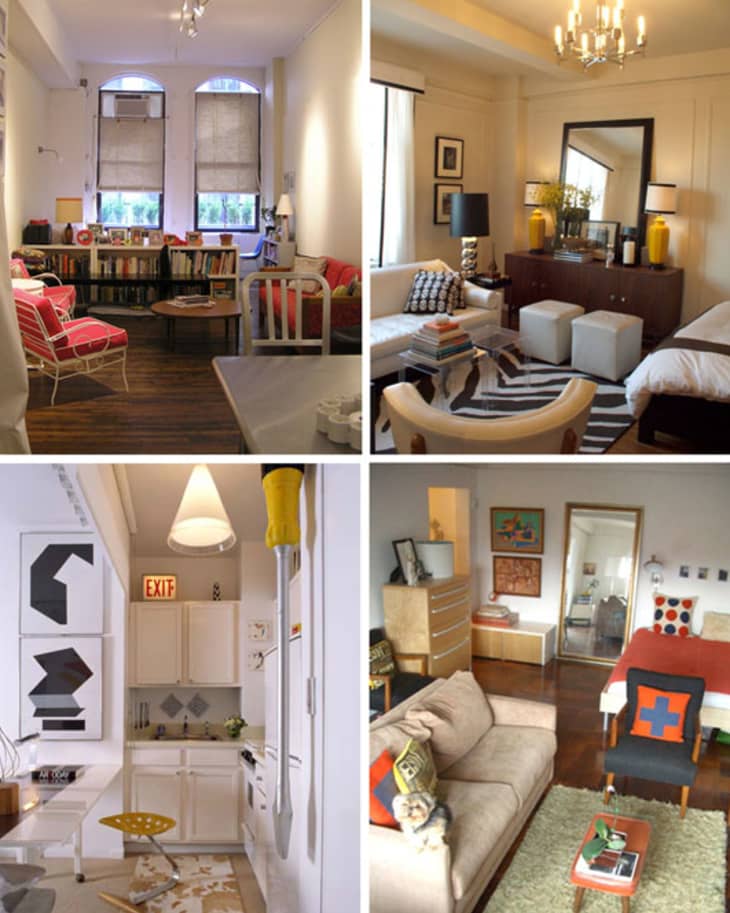 Four stylishly decorated rooms featuring modern furniture, colorful accents, and unique art pieces.