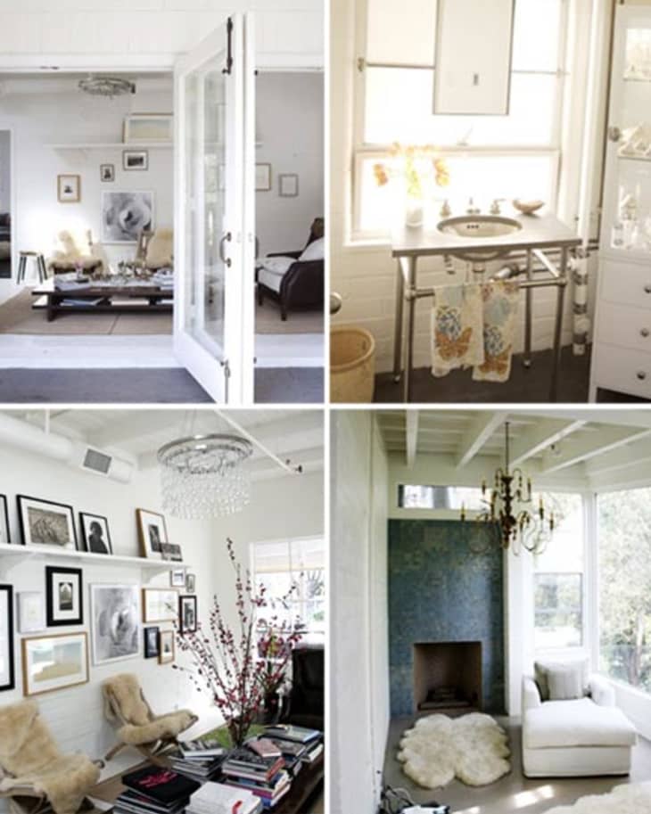 Collage of four rooms with white decor, featuring a living room, dining area, art wall, and cozy reading nook.