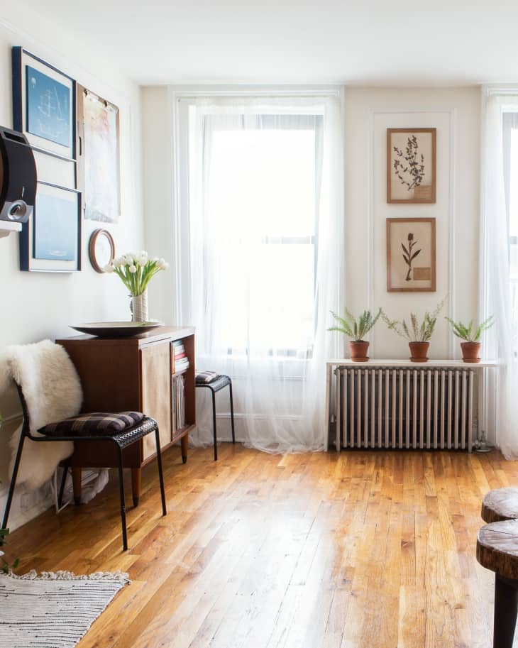 Bright living room with wooden floors, framed art, potted plants on a radiator, and a small cabinet with a vase of flowers.