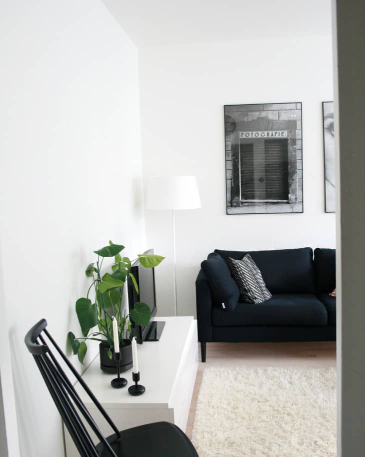 Minimalist living room with black sofa, white rug, black chair, potted plant, and framed wall art.