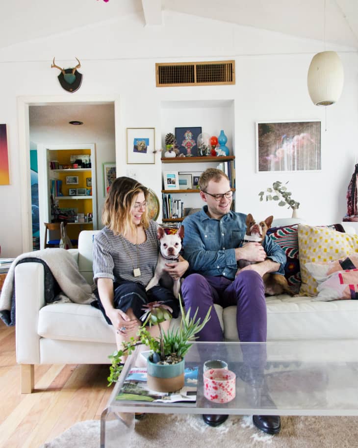 Couple sitting on a white sofa with two dogs, surrounded by colorful decor and plants in a cozy living room.