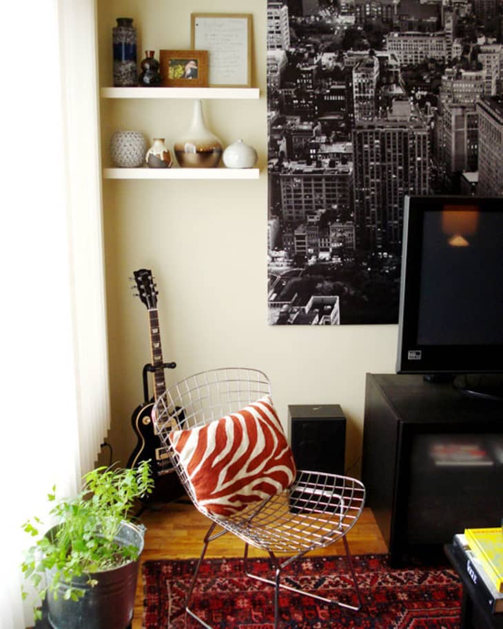 Wire chair with zebra print cushion, guitar, potted plant, and cityscape art in a cozy living room corner.