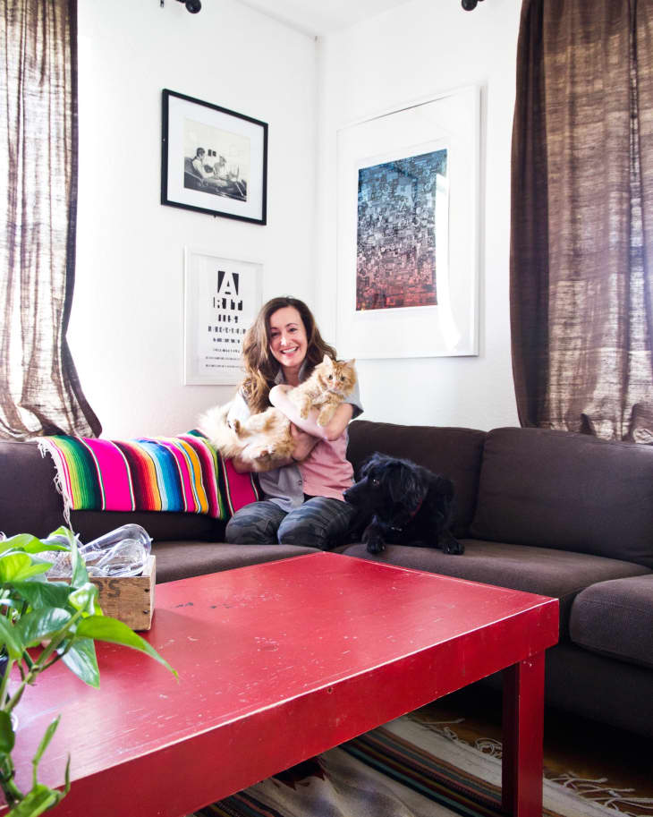 Woman sitting on a brown sofa with a cat and dog, colorful striped pillow, red coffee table, and framed wall art.