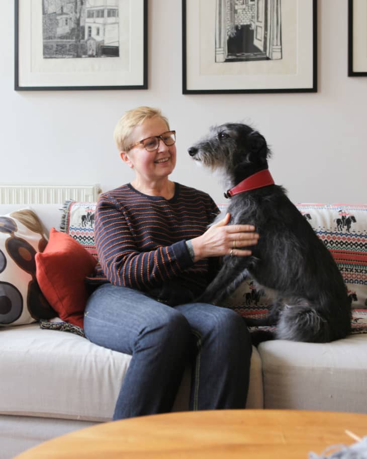 Person sitting on a sofa with a black dog, surrounded by colorful cushions and framed artwork on the wall.