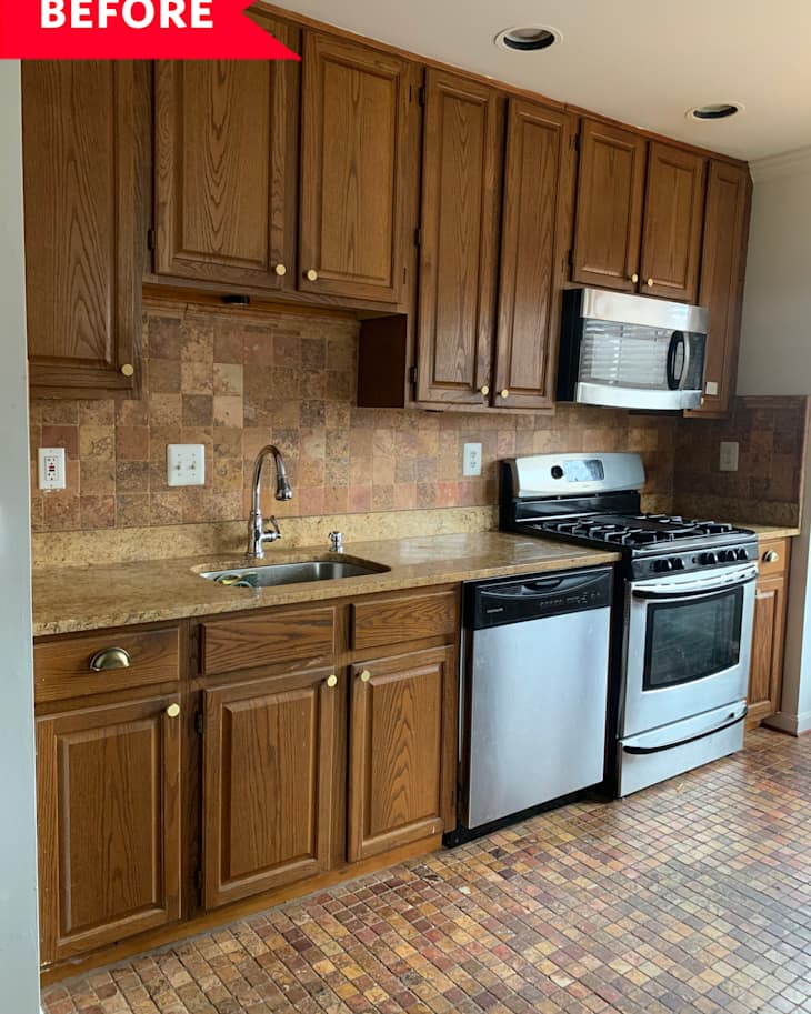 Before: kitchen with brown counters, floors, cabinets, and backsplash