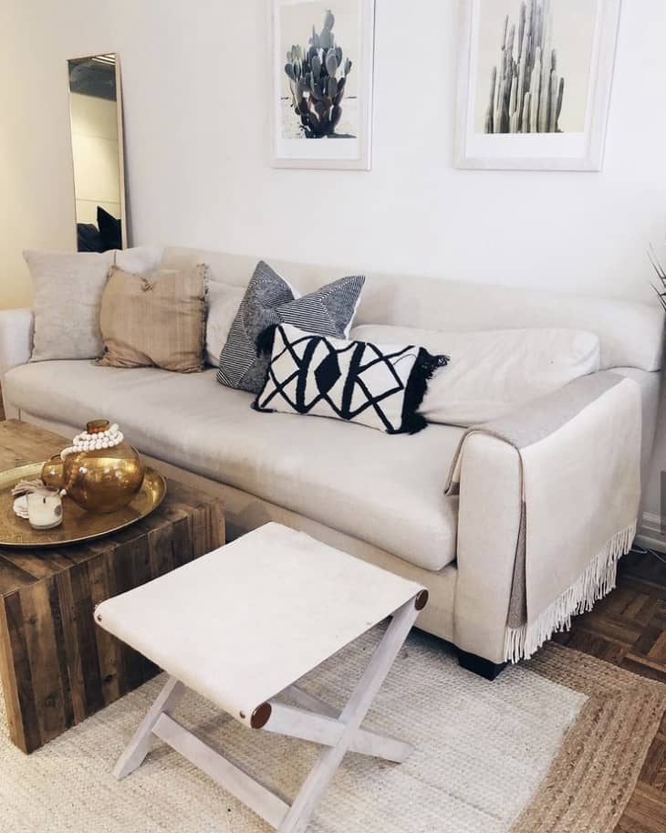 Beige sofa with patterned cushions, wooden coffee table, gold teapot, and framed cactus art on the wall.