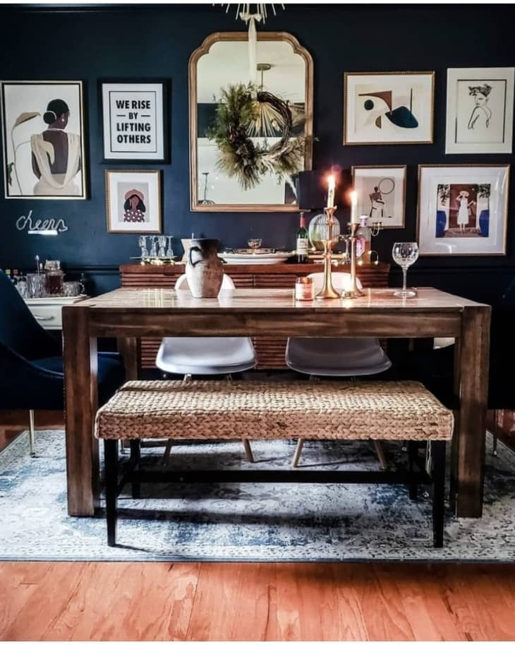 Blue dining room with wooden table