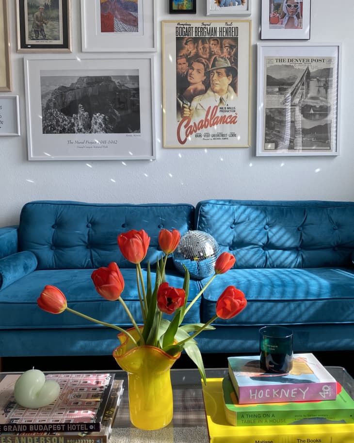 blue velvet couch with gallery wall above