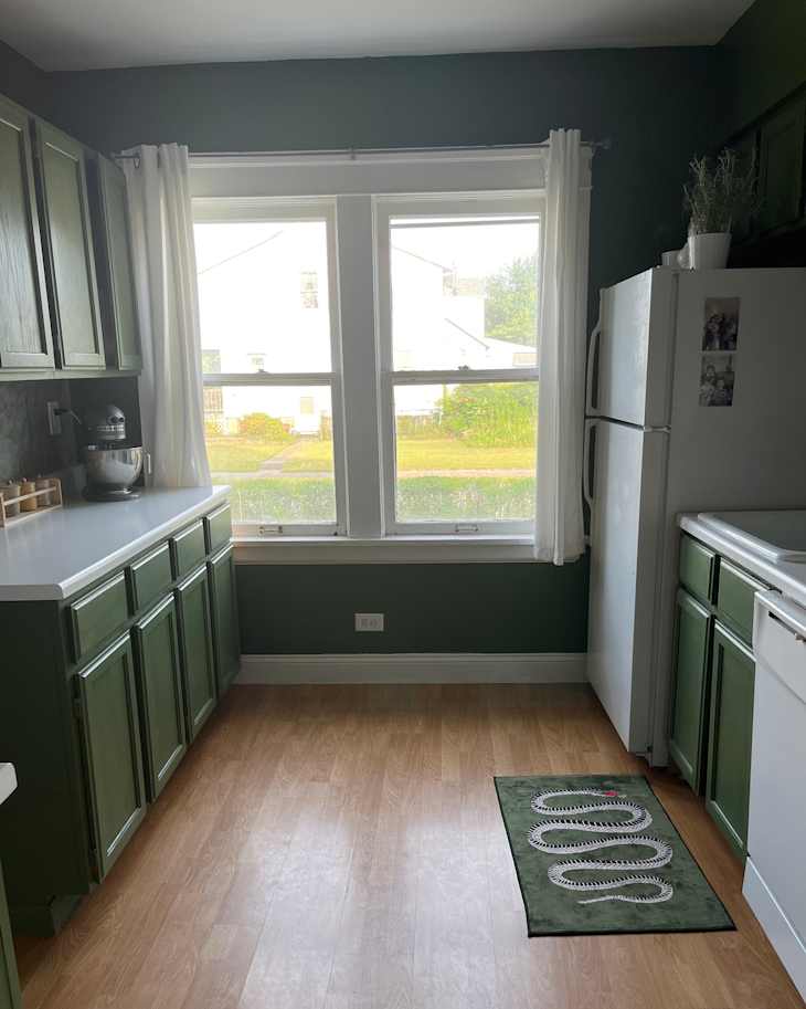green kitchen with green cabinets and white counter and trim