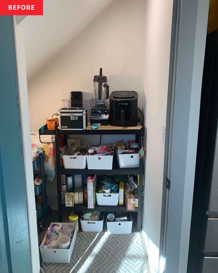 Before: a small pantry with white bins on shelves and the floor