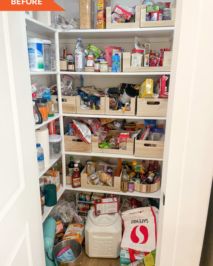 Before: a white pantry filled with food products