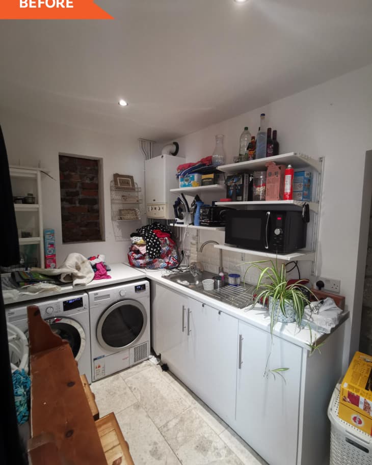 Before: laundry room with crowded shelves and white walls
