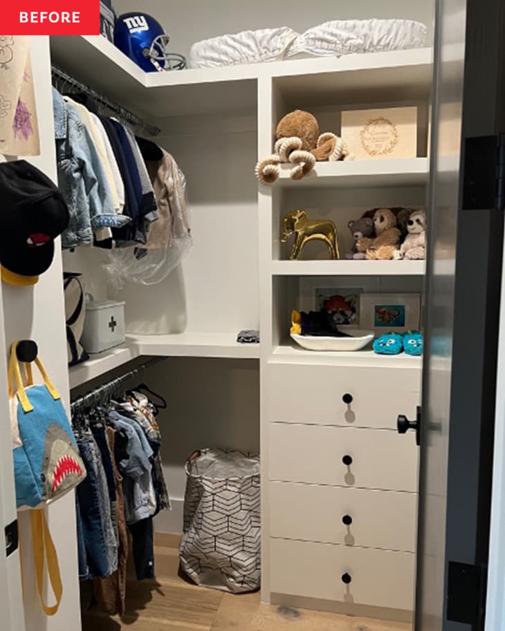 Before: a white closet with with shelves ad drawers
