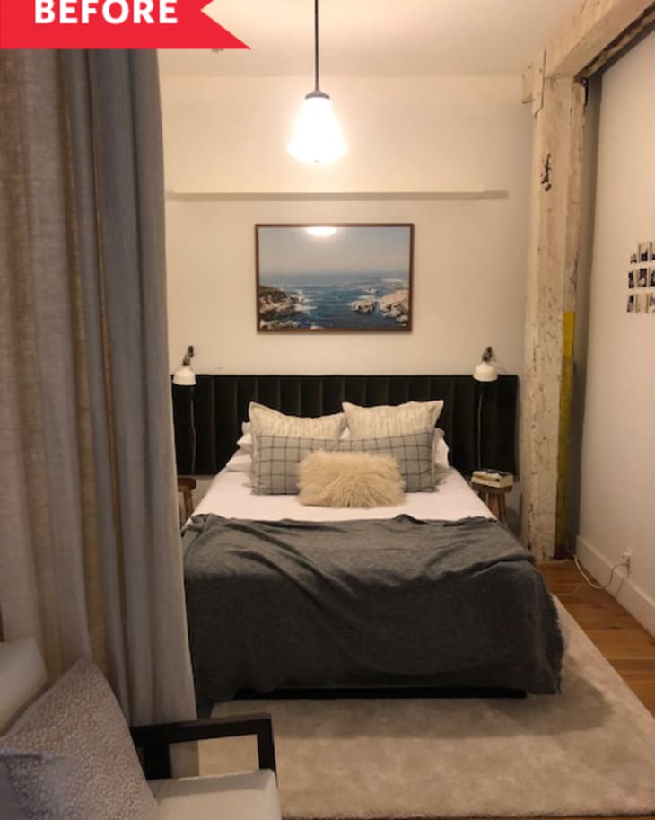 Before: Bedroom with black tufted headboard and curtain divider