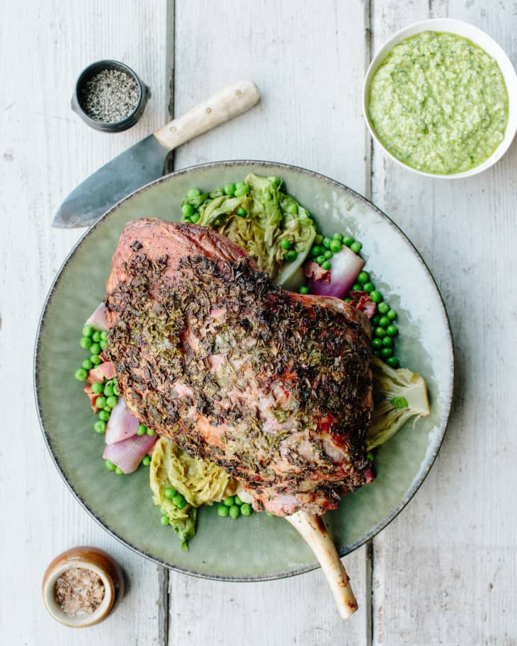 Recipe Donal Skehan’s Roast Lamb with Green Garlic, Lettuce & Peas