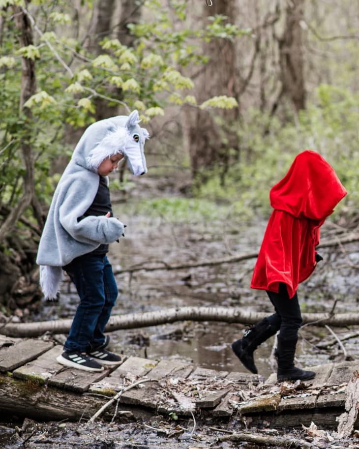 Two kids in a wolf and little red riding hood costumes