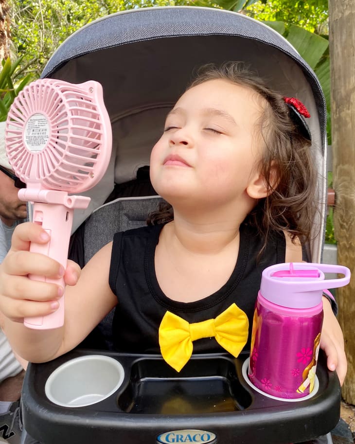 toddler with fan in stroller