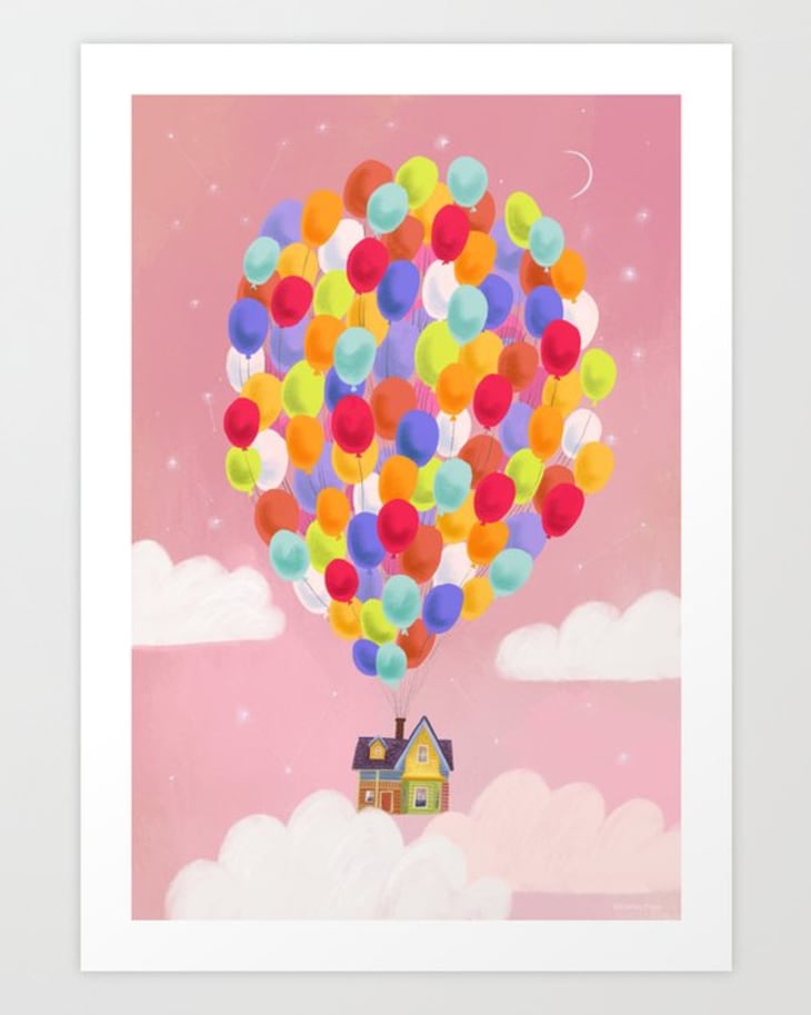 Floating house from "Up" on pink background with clouds