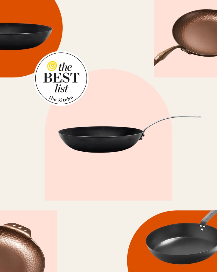 the Kitchn Best list image featuring 3 choices for best carbon steel skillets