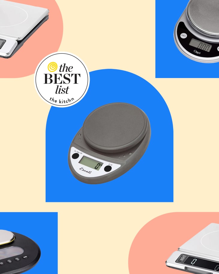 The Kitchn Best list for kitchen scales showing multiple scales on a background